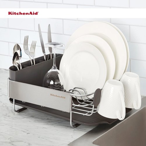 KitchenAid Compact, Space Saving Rust Resistant Dish Rack with Removable Flatware Caddy and Angled Self Draining Drainboard, 16.06-Inch, Black