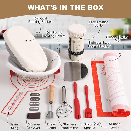 Tunyet Sourdough Bread Baking Supplies, Banneton Bread Proofing Basket, 10 Inch Oval & Round Bread Baskets with Liners & Covers, Sourdough Starter Kit
