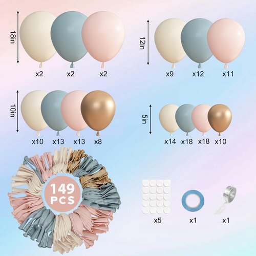 Ouddy Party 149Pcs Blue and Pink Balloon Arch Garland Kit Different Sizes 18 12 10 5Inch, 6Pcs 18’’ Dusty Pink Blue Sand White Gold Balloons for Boy Girl Boho Birthday Party Decorations