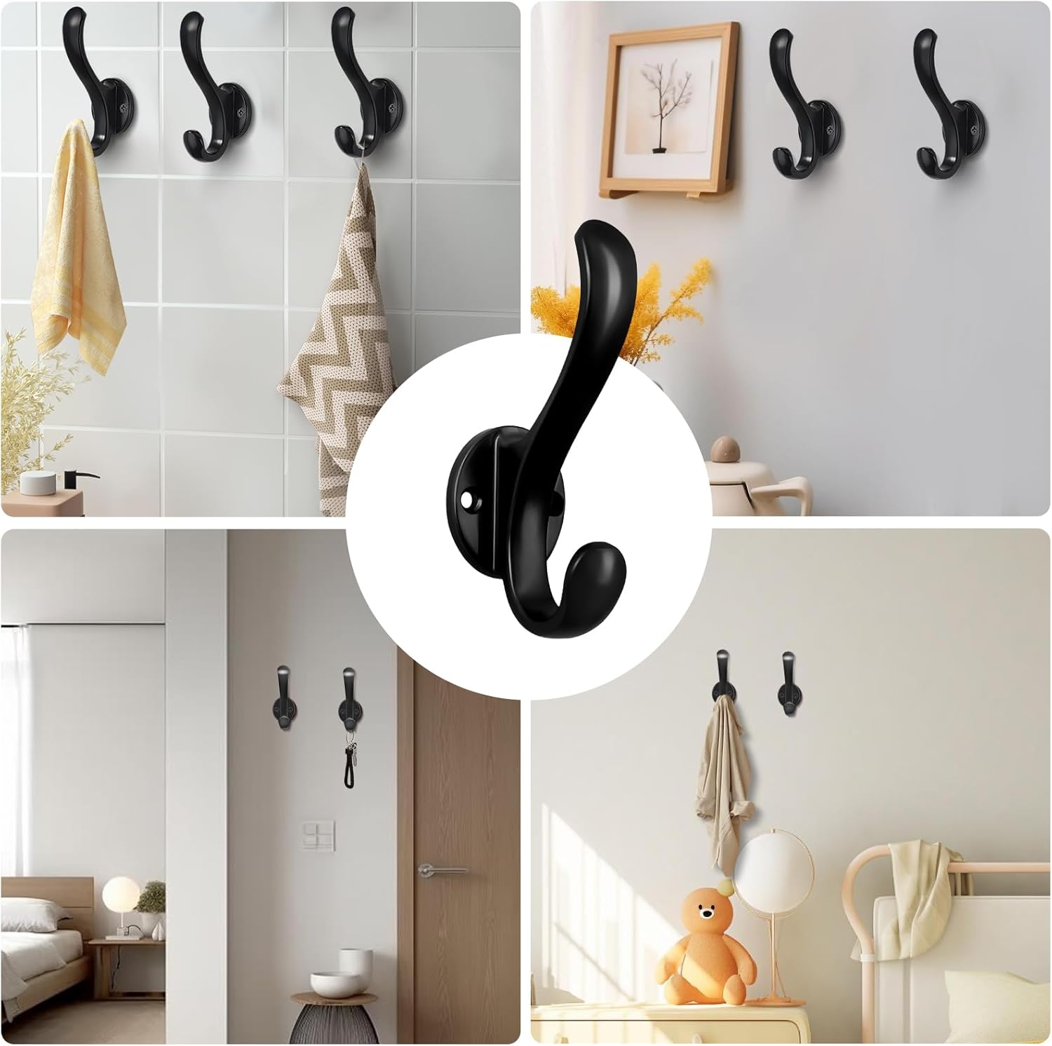 Skiennix 6 Pack Coat Hooks - Heavy Duty Retro Double Hooks for Coats, Hats, Towels & More | Black