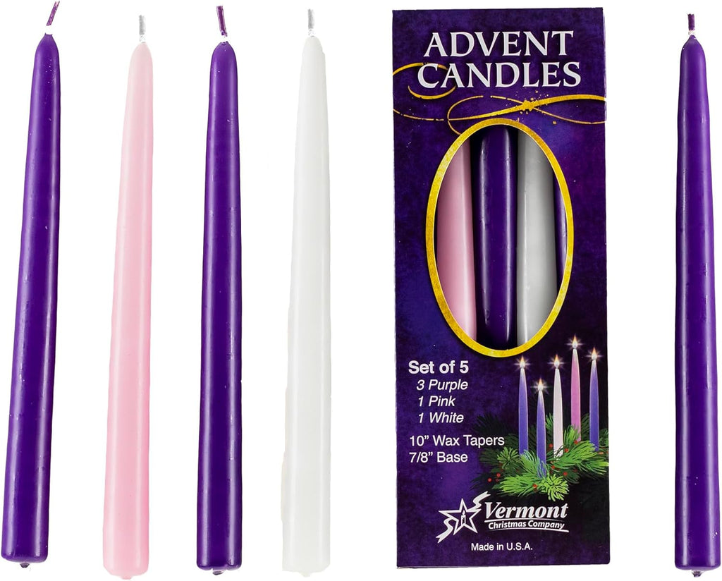 Vermont Christmas Company Advent Candles Set - 10" Wax Taper Candles in Purple, Pink & White | 5-Pack