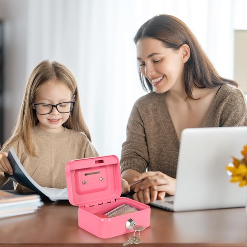 Cash Box with Lock Small Cute Coin Lock Box with Money Slot Mini Portable Gamblers Safe Box 4.5"x3.4"x2.4" Pink