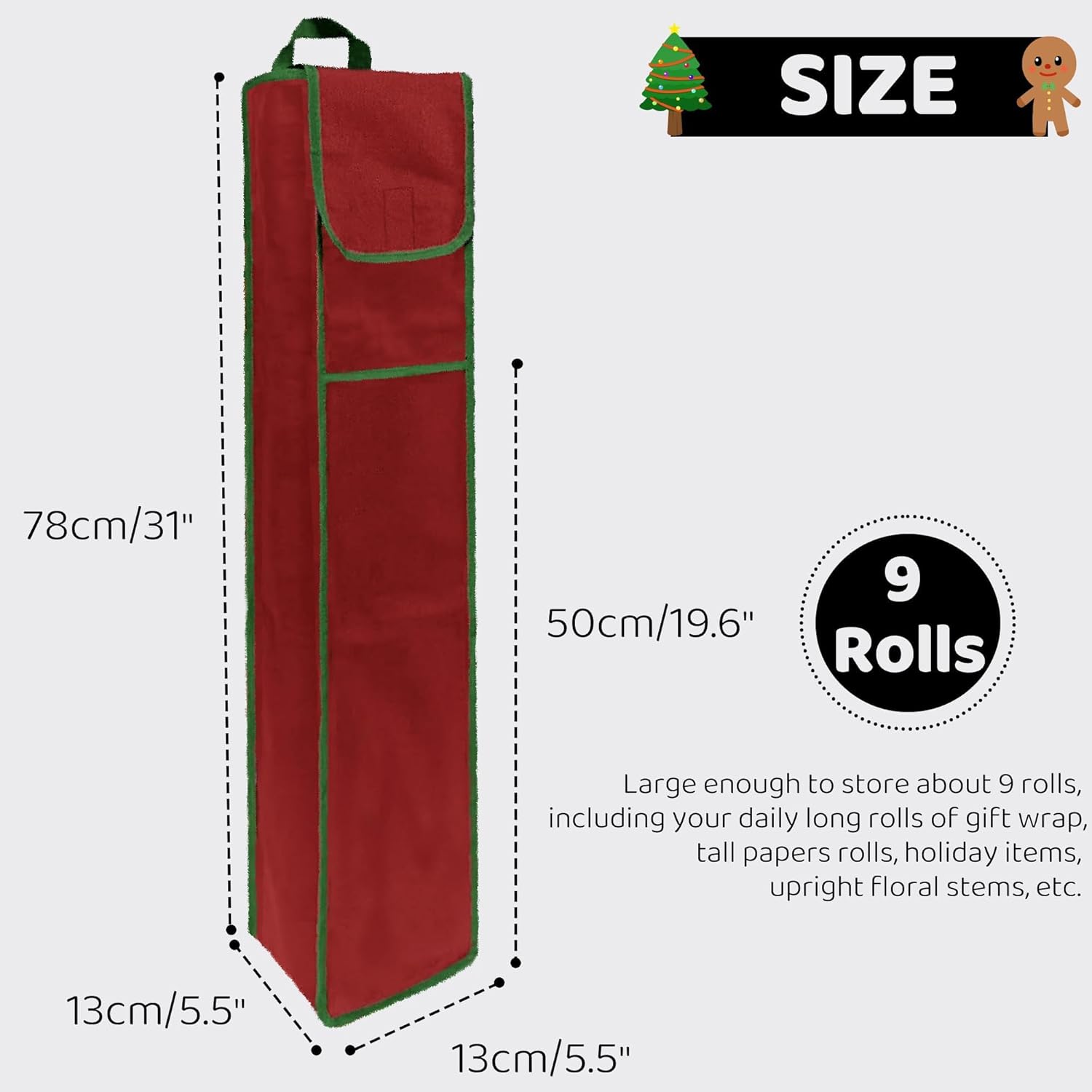 OUTTDID Wrapping Paper Storage Bag - Gift Organizer for 9 Rolls | Red with Pocket for Crafts