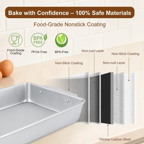 Logario 9x13 Baking Pan, Commercial Grade Heavy-Gauge Aluminized Steel (2.3 lbs), Warp-Resistant Textured Nonstick Cake Sheet for Brownies & Lasagna, Wire-Reinforced Rim, Silver