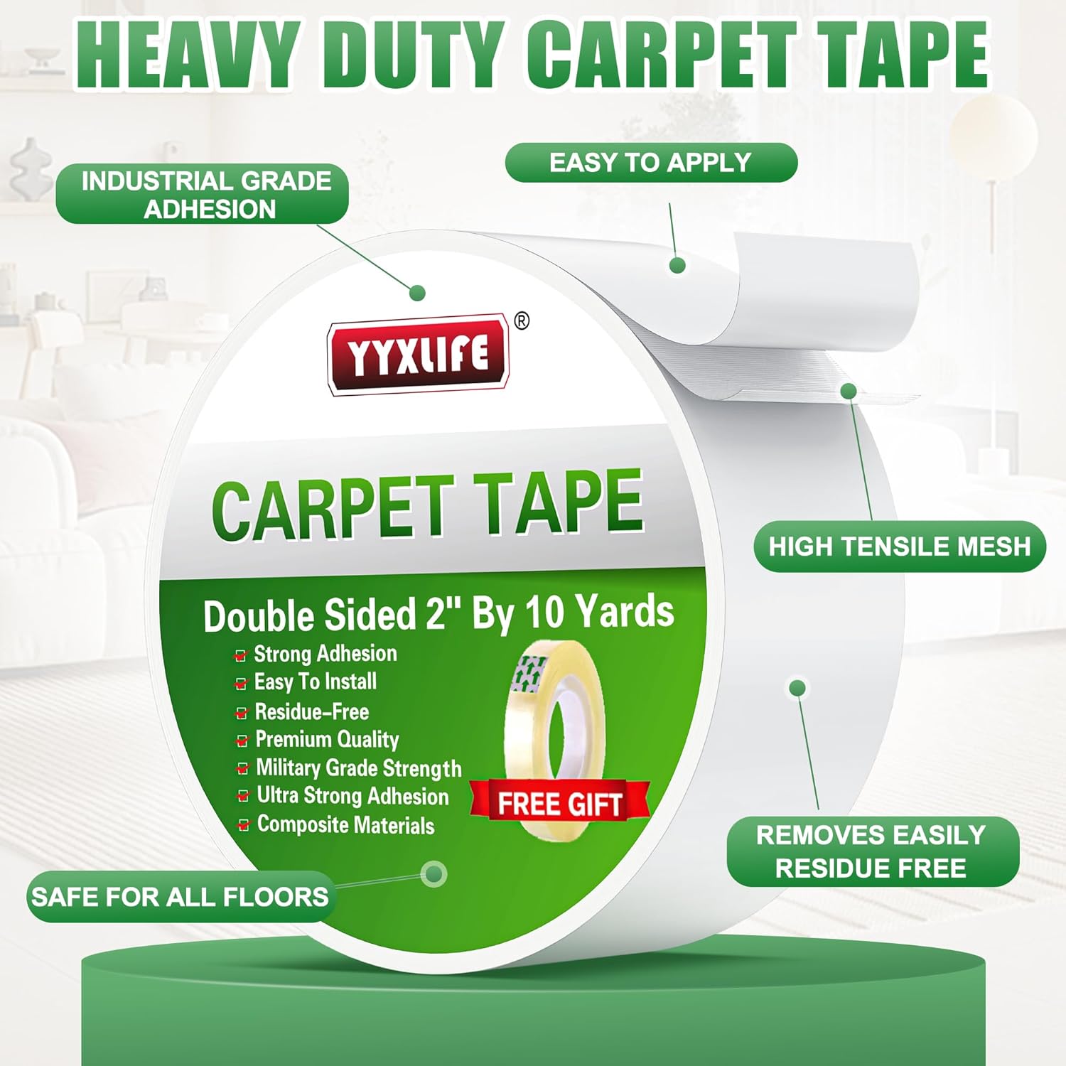 YYXLIFE Double-Sided Rug Tape | Strong Adhesive for Hardwood Floors - Non-Slip, Residue-Free, 2" x 10 Yards, White