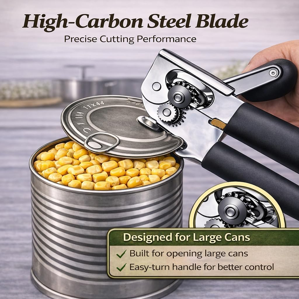Skiennix Heavy Duty Manual Can Opener - Stainless Steel with Magnetic Lid Lifter & Bottle Opener