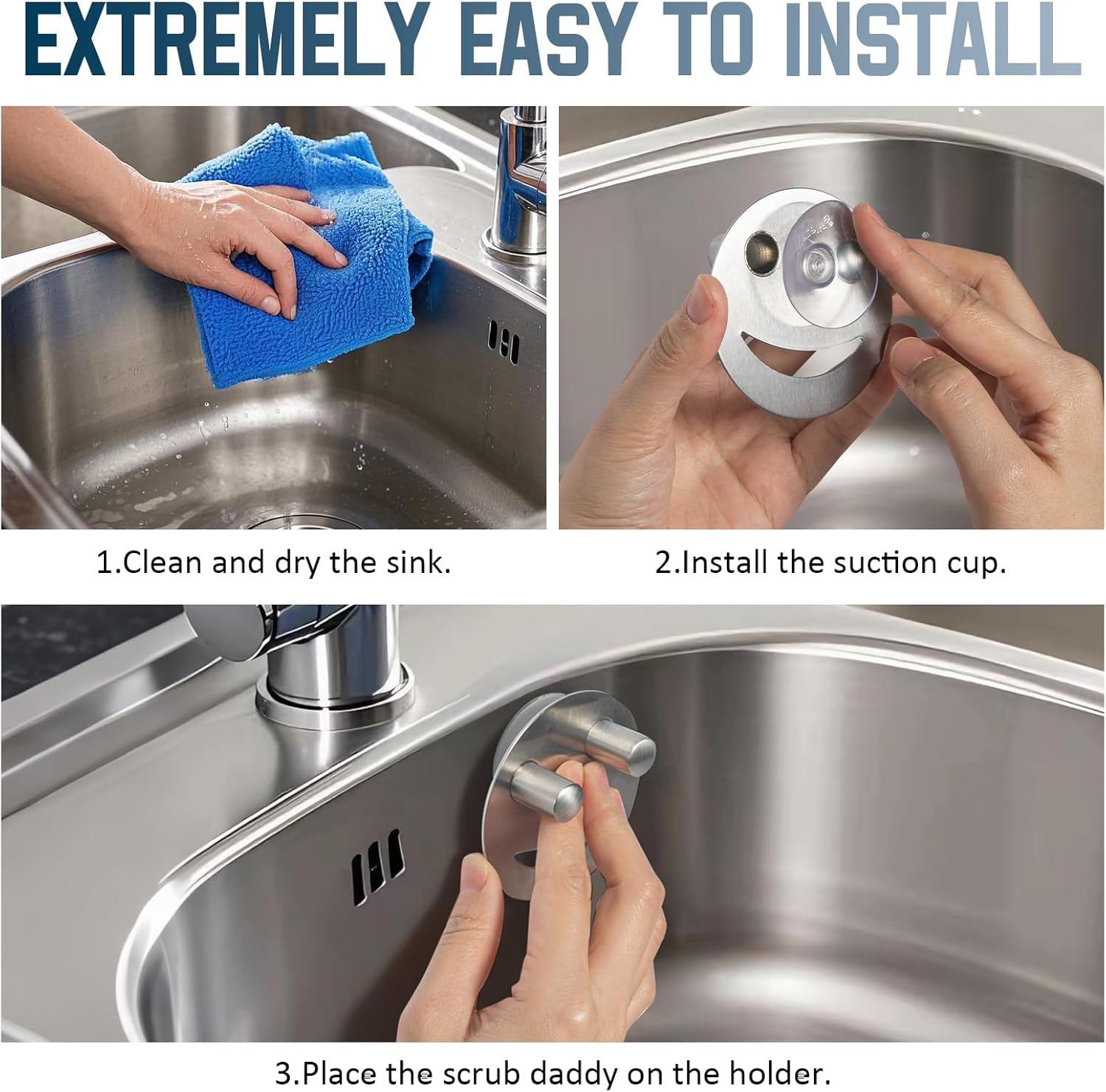 Yoshiky Stainless Steel Smiley Face Dish Sponge Holder - Silver Sink Caddy Organizer with Suction Cup for Kitchen