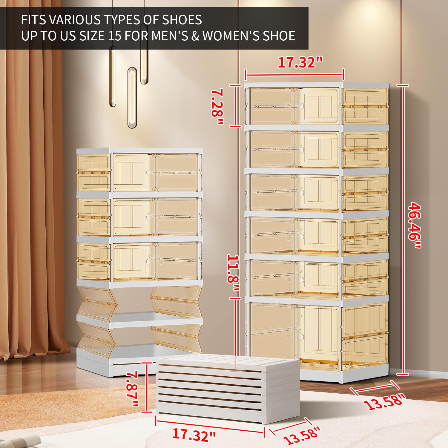 EHAMILY 6 Tiers 6-12 Pairs Foldable Shoe Boxes Large Plastic Shoe Storage Rack Collapsible Shoe Organizer for Closet Tall Shoe Shelf Clear Stackable Shoes Cabinet with Doors Entryway