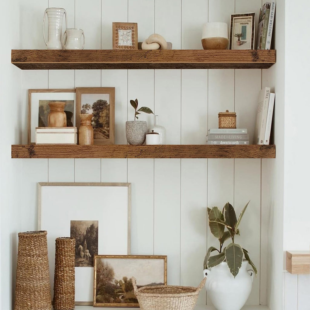 QEEIG Floating Shelves for Wall 31.5" Long - Wall Mounted Shelf Bathroom Kitchen Living Room Bedroom Farmhouse Home Decor Display Bookshelf Large 31.5 x 9.3 inch Set of 2, Rustic Brown (008-80BN)