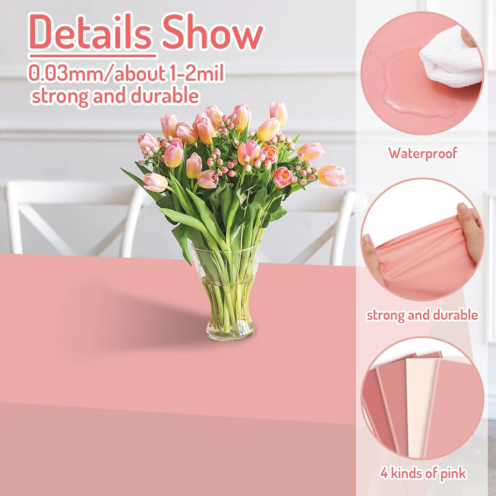 Whaline 16Pcs Pink Plastic Tablecloth Set - Waterproof Rectangle Table Covers for Parties | 54 x 108 Inch