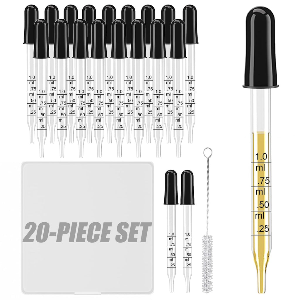 Skiennix 20Pcs Eye Droppers - Glass Pipette with Storage Case & Cleaning Brush for Essential Oils, Medicine, Crafts