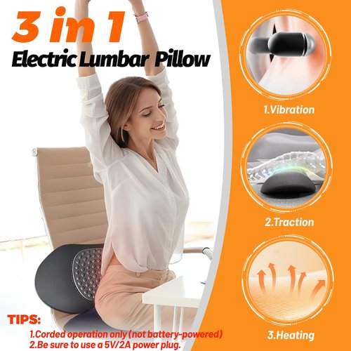 3 in 1 Lumbar Pillow，Smooth Triple Fusion Electric Back Massager with Vibration & Heat for Bed,Chair