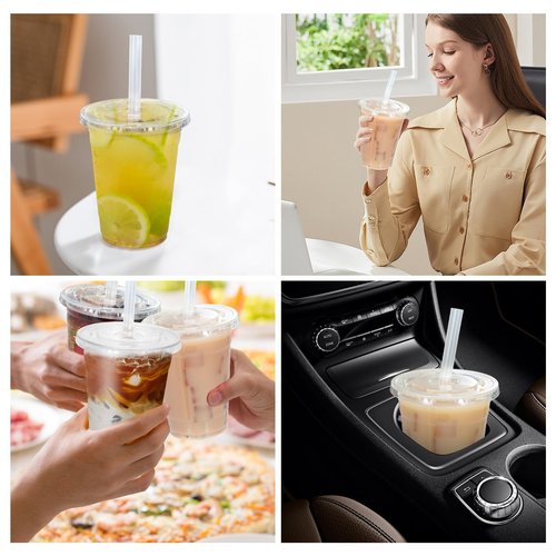 Kuerqi 100 Sets 16 Oz Plastic Cups with Lids and Straws, Iced Coffee Cups with Lids, Disposable Clear Plastic Cups with Lids for Iced Coffee, To-Go Drinks and Smoothies, Lemonade Stand Supplies