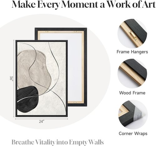 Framed Black and White Abstract Wall Art - Large 3 Piece Minimalist Canvas Set | Modern Home Decor 24x36 In