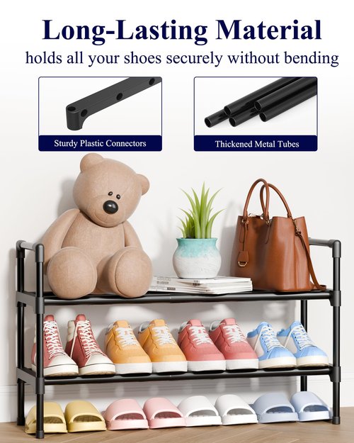 Kitsure Shoe Rack for Closet - Expandable Shoe Rack for Entrance, Rustproof Shoe Organizer for Entryway with Portable Handles, Black, 17.3″~30.2″L x 16.3″H
