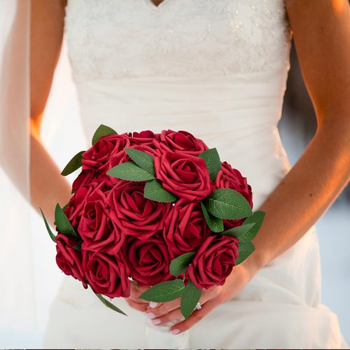 NONMON 100pcs Artificial Flowers Dark Red Rose Real Looking Fake Foam Roses with Stem for Valentine's Day DIY Wedding Bouquets Bridal Shower Centerpieces Arrangements Party Home Decorations