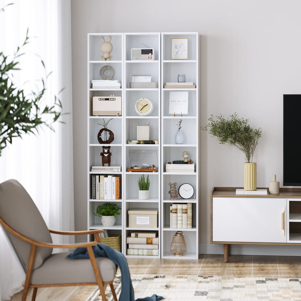 FOTOSOK White Bookshelf 8-Tier Narrow Bookshelf, 11.6 X 9.3 X 70.9 Tall CD DVD Media Tower Rack with 4 Adjustable Shelves, Tall Narrow Bookcase Slim Display Bookshelf with Cube Storage for Home Office