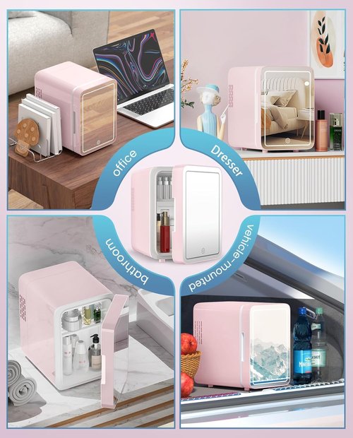 CUTIEWORLD Skincare Fridge With Dimmable LED Light Mirror, 4L Makeup Mini Fridge for Bedroom, Car, Office & Dorm, Cooler & Warmer, Portable Small Refrigerator for Cosmetics, Skin Care and Food, Pink