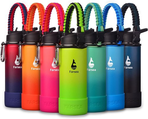Farsea Insulated Water Bottle - 18 oz Stainless Steel with Paracord Handle & 2 Lids | Sweat-Proof & BPA-Free