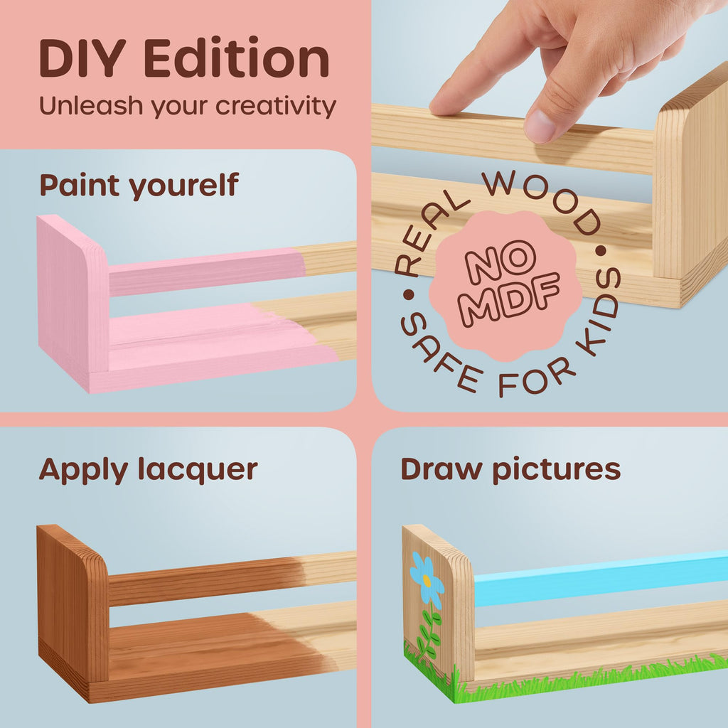 HOMEY PANDA DIY Wall-Mounted Nursery Bookshelves - 4 Long + 2 Mini Shelves, Kids Room Storage (DIY Paint Pine Wood)