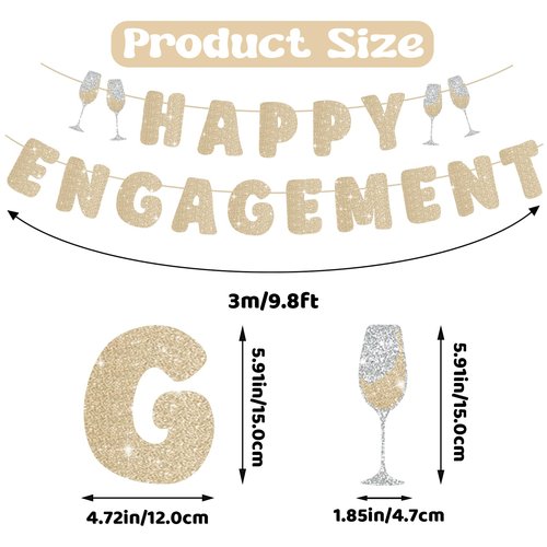 SerpizePaty Engagement Party Decorations, Pre-Strung Happy Engagement Banner, Glitter Just Engaged Banner with Glass, Couples Shower Decorations For Happy Wedding Reception Sighs Photo Props Backdrop