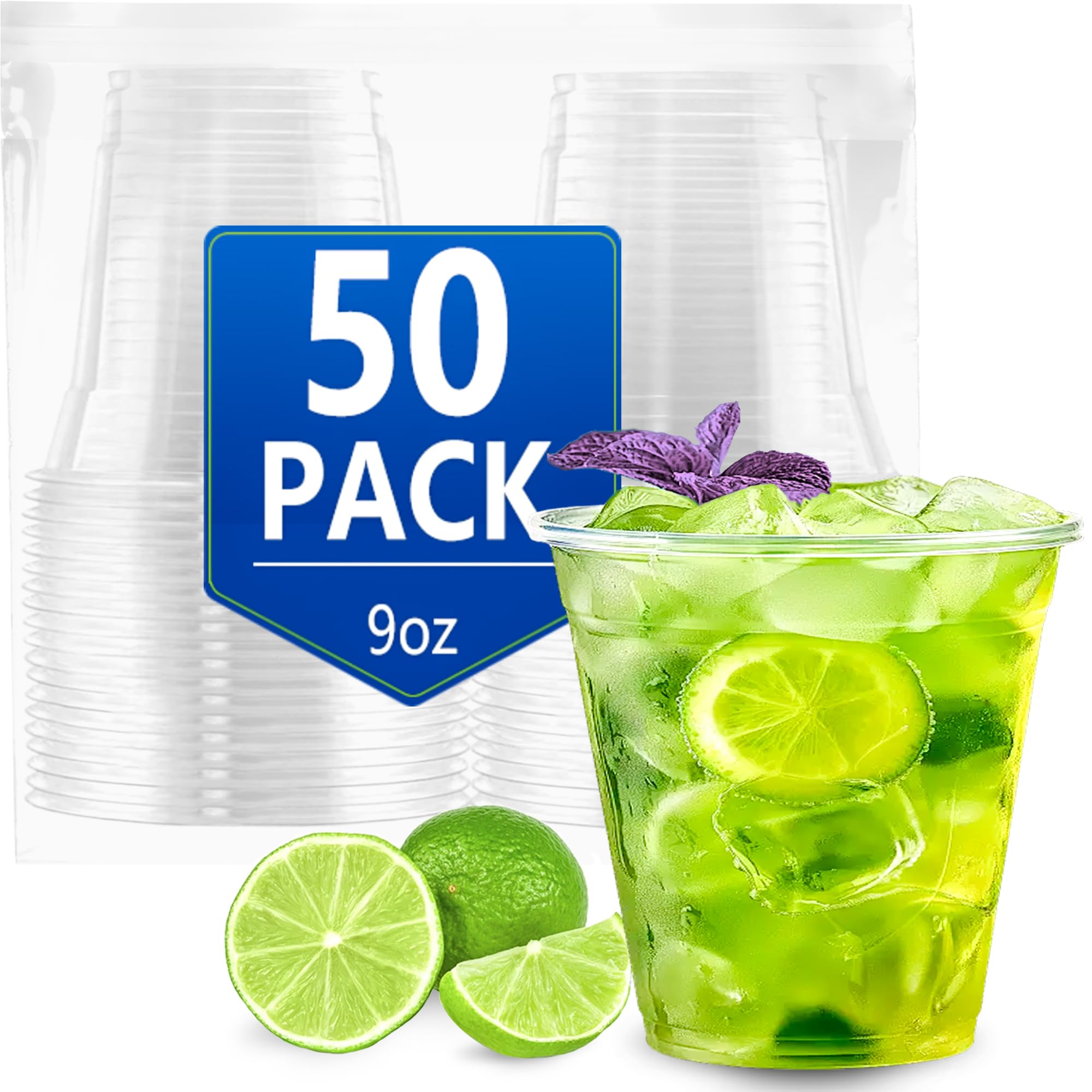 Ezselect 32 oz Clear Plastic Cups Disposable Crystal Cup Bulk 50 Pack, Extra Thick Disposable Cold Cups for Party Birthday Event Bar, Smooth Plastic Cup for Juicer, Ice Cream, Wine, Cocktail