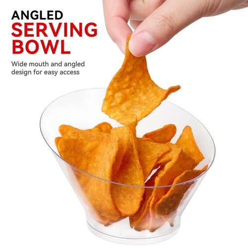 Soelomu 6 oz Plastic Serving Bowls, 20 Pack Small Angled Snack Bowls Clear Party Buffet Appetizer Containers for Desserts, Ice Cream, Salads, Chips, Popcorn
