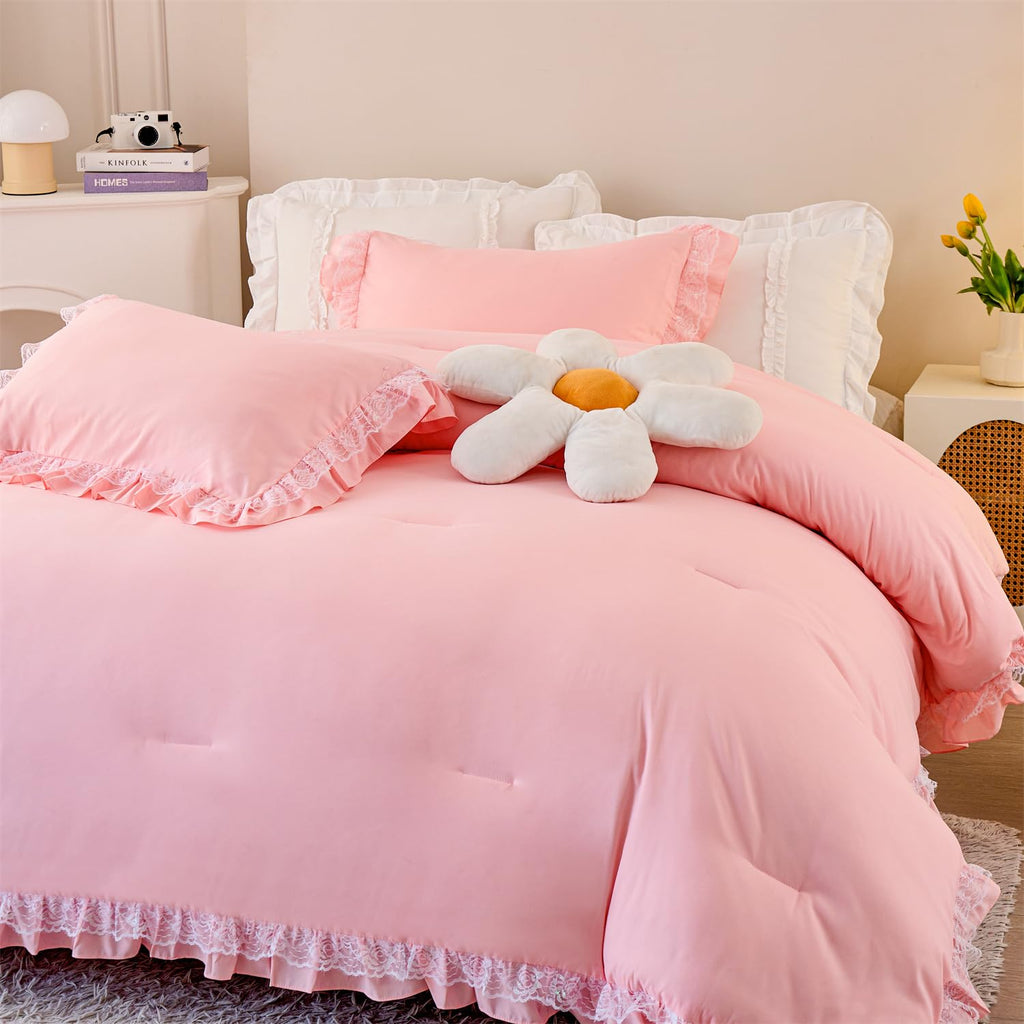 MOOWOO Chic Ruffle Lace Comforter Set -Girl Pink Bedding-2 Piece Twin Bed Quilt -Aesthetic Bedding,Ultra Soft and Durable,Fluffy Bed Comforter Sets for All Season