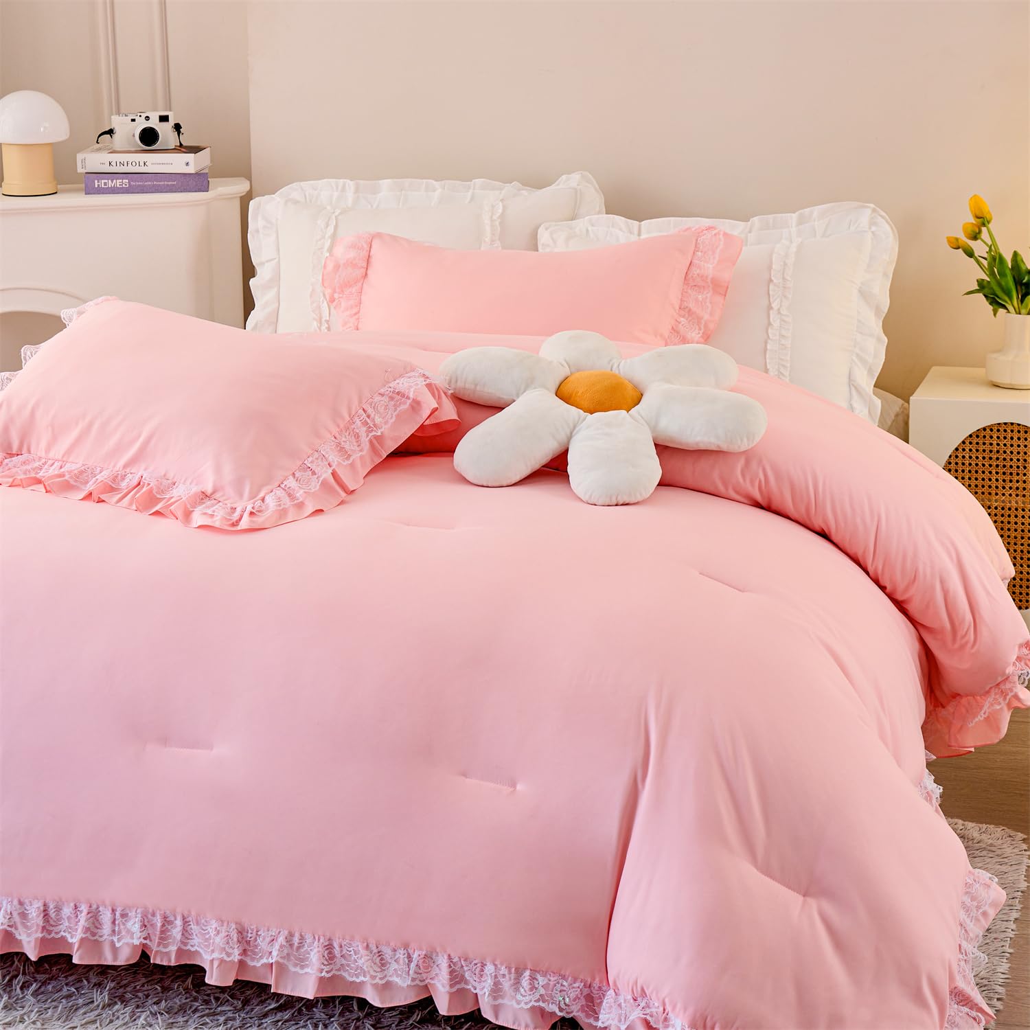 MOOWOO Chic Ruffle Lace Comforter Set -Girl Pink Bedding-2 Piece Twin Bed Quilt -Aesthetic Bedding,Ultra Soft and Durable,Fluffy Bed Comforter Sets for All Season
