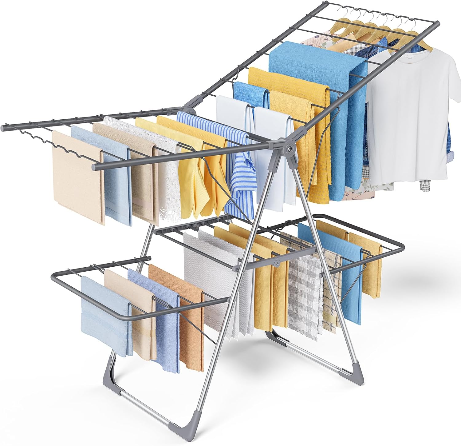 Sakugi Clothes Drying Rack - Foldable 2-Level Design with Height-Adjustable Wings | Space-Saving Indoor & Outdoor Use, Gray, 55.5" L × 22.8" W