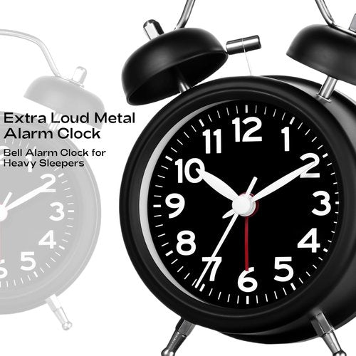 AKCISOT Loud Alarm Clock for Heavy Deep Sleepers,3 Inches Analog Metal Twin Bell Clocks Battery Operated with Backlight for Bedroom Bseide, Old Fashioned for Desk Home Decoration (Black)