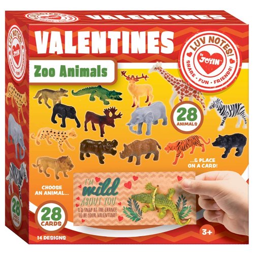 JOYIN 28Pack Valentines Day Gifts Cards with Zoo Animals Figures for Boys Girls, Greeting Cards for Classroom Exchange, Kids Party Favors School Game Prize Toys