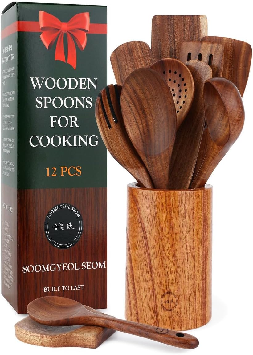 Skiennix 12-Piece Natural Teak Wood Utensil Set - Nonstick Cooking Tools with Holder & Rest