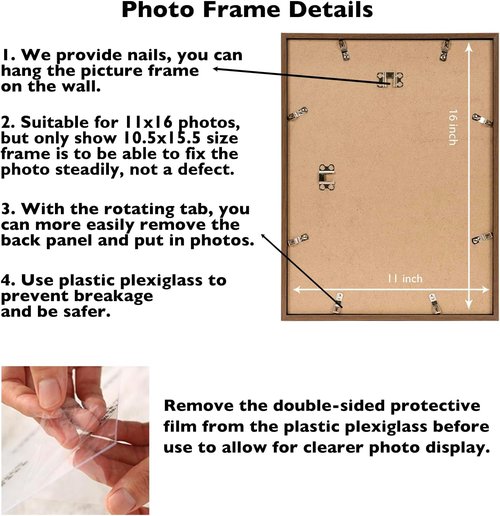 JCJMY 11x16 Picture Frame - Brown Wall Mounting Frame with Shatter-Resistant Plexiglass