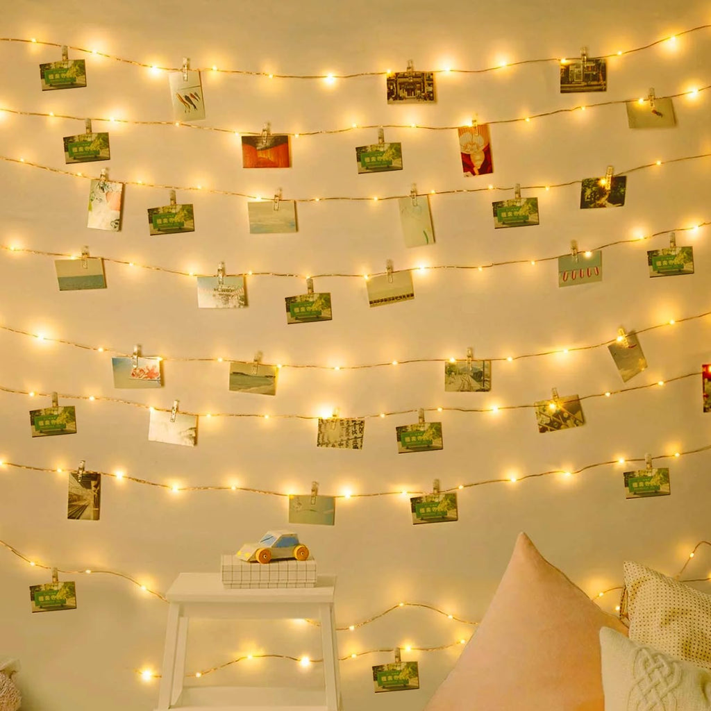 Photo Clip String Lights 33FT 100 LED Fairy Lights 60 Picture Clips Battery Powered String Light with Clear Clips for Dorm, Bedroom, Christmas, Party, Wedding Decor,3AA Battery(Not Include) Operated