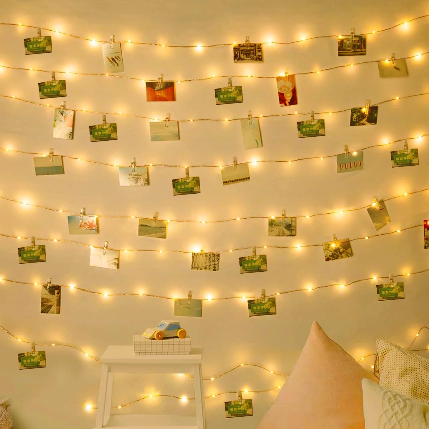 Photo Clip String Lights 33FT 100 LED Fairy Lights 60 Picture Clips Battery Powered String Light with Clear Clips for Dorm, Bedroom, Christmas, Party, Wedding Decor,3AA Battery(Not Include) Operated