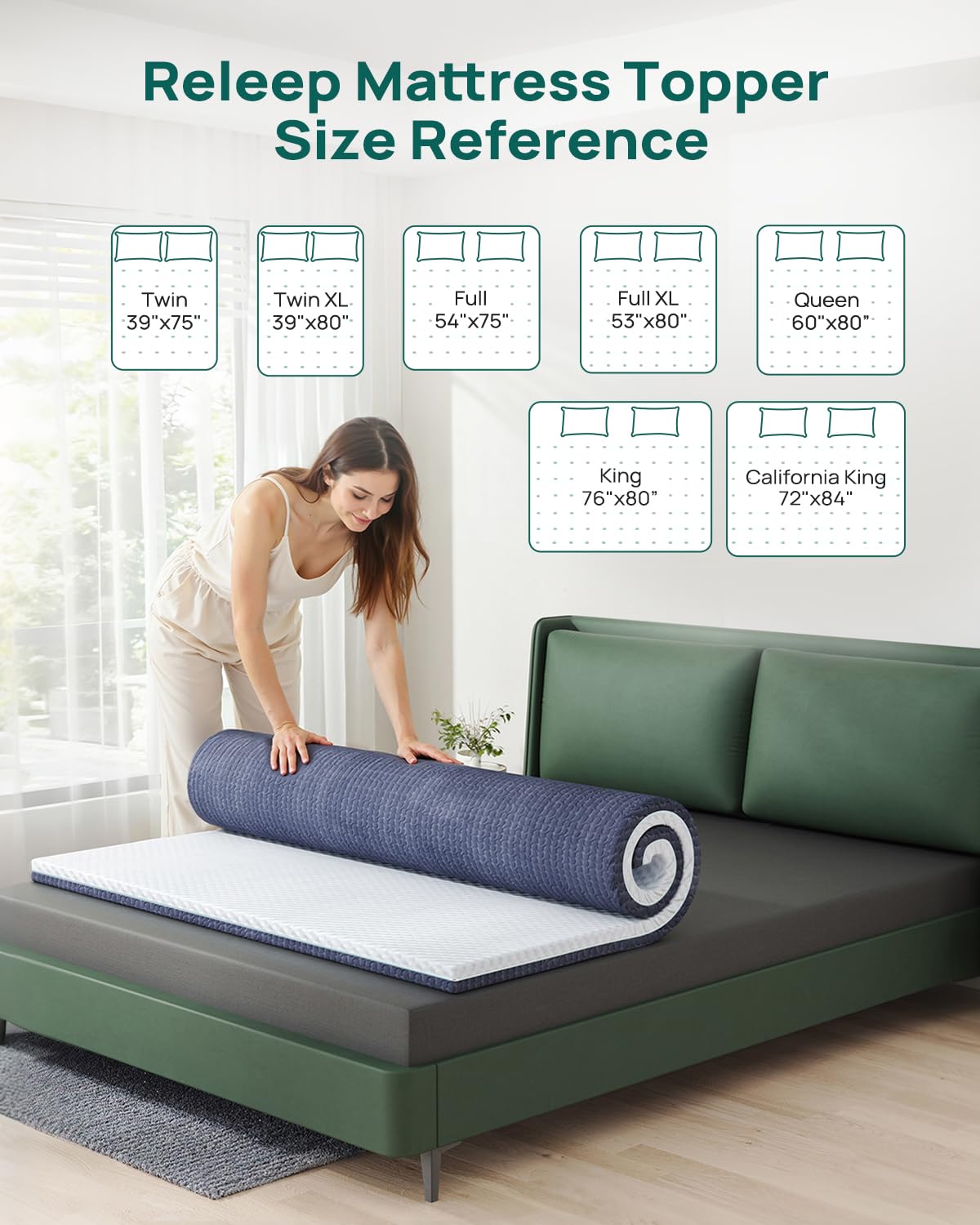 Releep 3 inch Firm Twin XL Mattress Topper for College Dorm, Memory Foam Bed Topper with Soft & Firm Options for Back Pain Relief, Mattress Topper with 2-Sided Cover, CertiPUR Certified, Dorm Bed
