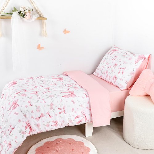 Jundetye Toddler Bedding Set for Girls 4 Pieces Pink Rose, Soft Breathable Toddler Comforter Set, Bow Flower Print, Includes Reversible Comforter, Fitted Sheet and Flat Sheet, Pillowcase