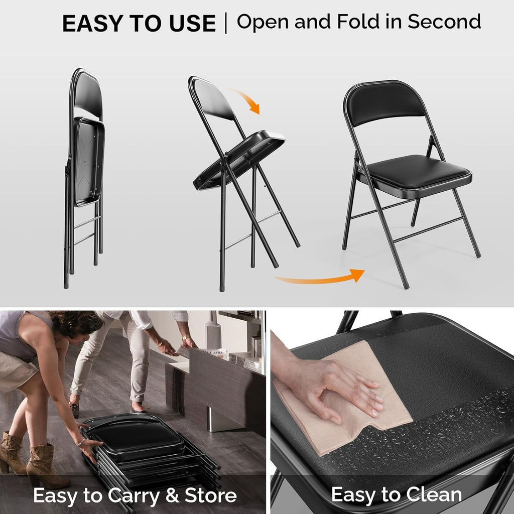 VINGLI Folding Chairs - 6 Pack with Padded Seats & Metal Frame - 350 lbs Capacity, Black