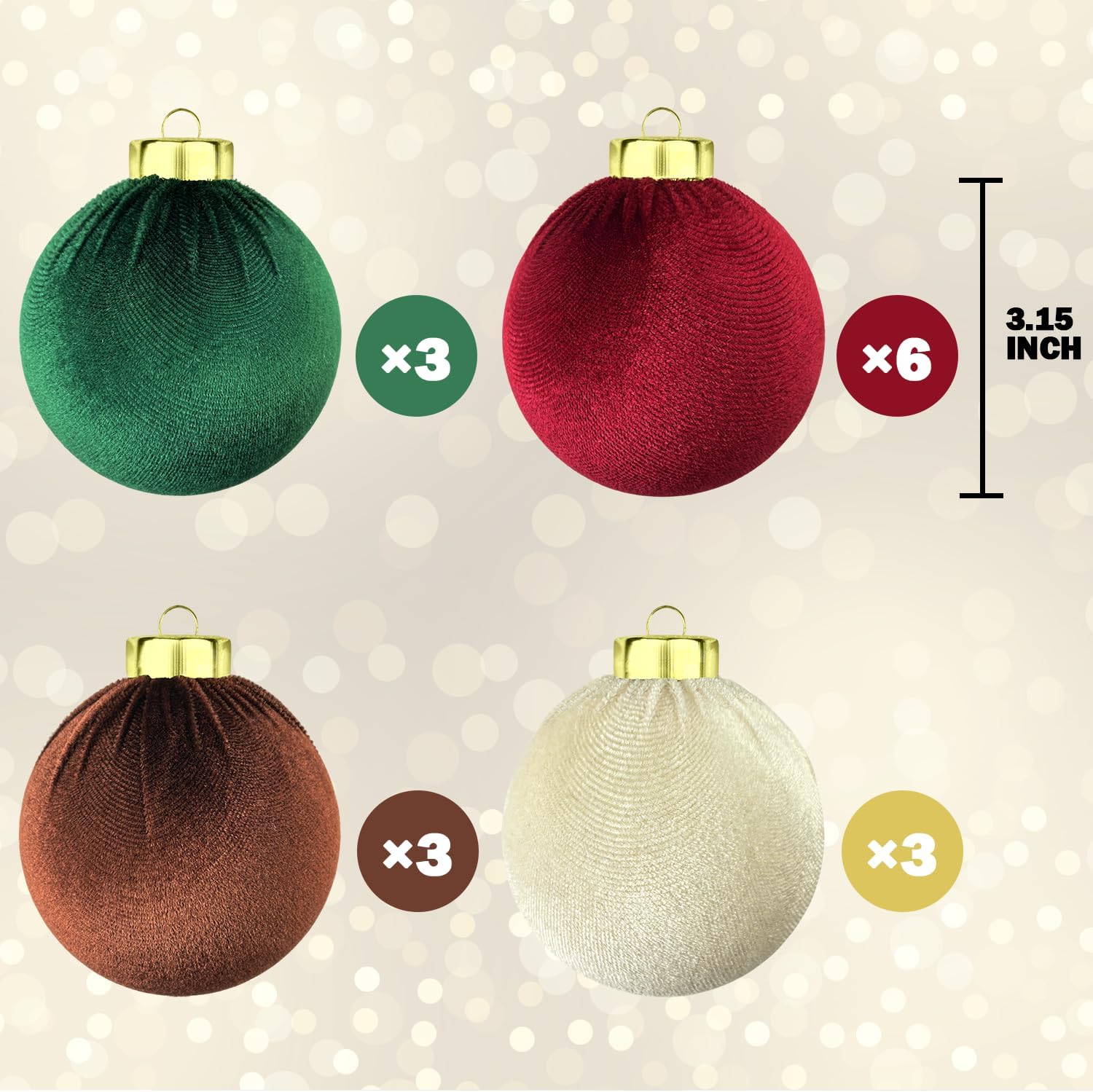 Velvet Christmas Tree Ornaments - 15 PCS Large Shatterproof Baubles | Flocked Multi-Color Decor