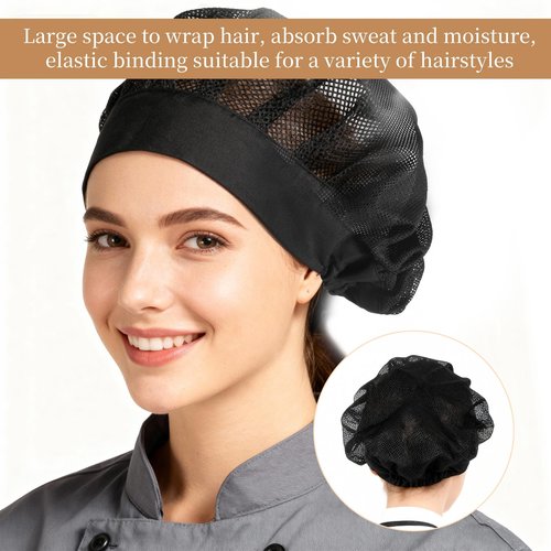4 Pcs Mesh Chef Hats Adjustable Cooking Hat Black Elastic Chef Cap for Women Food Service Workers, Reusable Washable Breathable