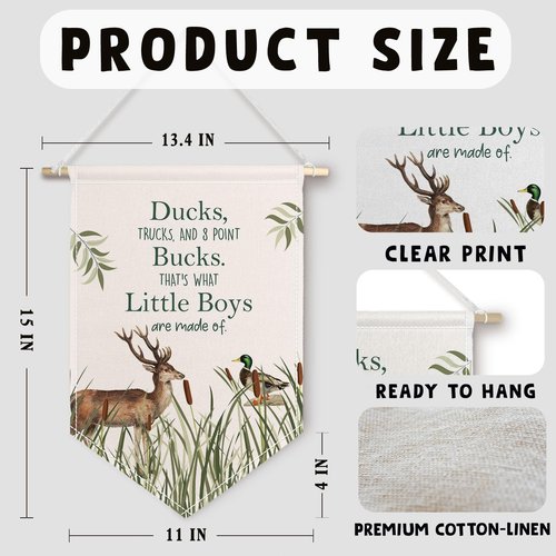 ChissNook Ducks Bucks Little Boys Canvas Banner, Boy Nursery Hanging Pennant Banner Flags Wall Display, Wild Mallard Duck Deer Wall Decor for Toddler Kids Boys Room Bedroom Nursery Playroom