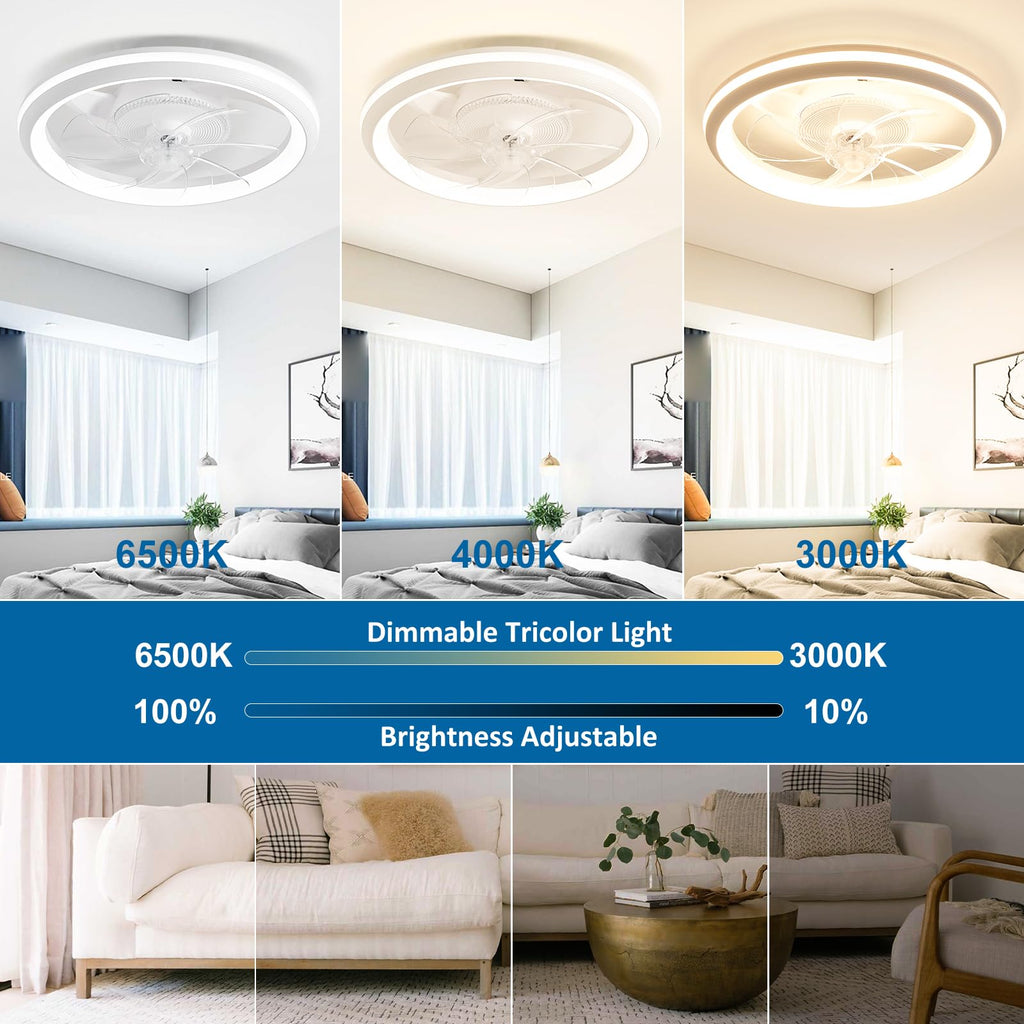 ZHIANN Ceiling Fans with Lights and Remote, 19.3" Low Profile Ceiling Fan, Dimmable Brightness and Color Temperature, 6 Wind Speeds Flush Mount Fan Light for Bedroom, Living Room and Kids Room, White