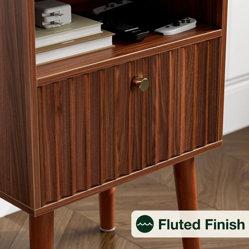LCRBOL Side Table with Charging Station, Modern End Table with Fluted Drawer, Bedside Table, Night Stand with 2 Tiers Storage Space, for Bedroom, Living Room, Walnut