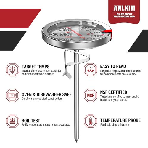 AWLKIM Stainless Steel Meat Thermometer - Safe Leave-In Oven Design | 2.5-Inch Extra-Large Dial for Cooking, Baking, Steak, Turkey - Silver