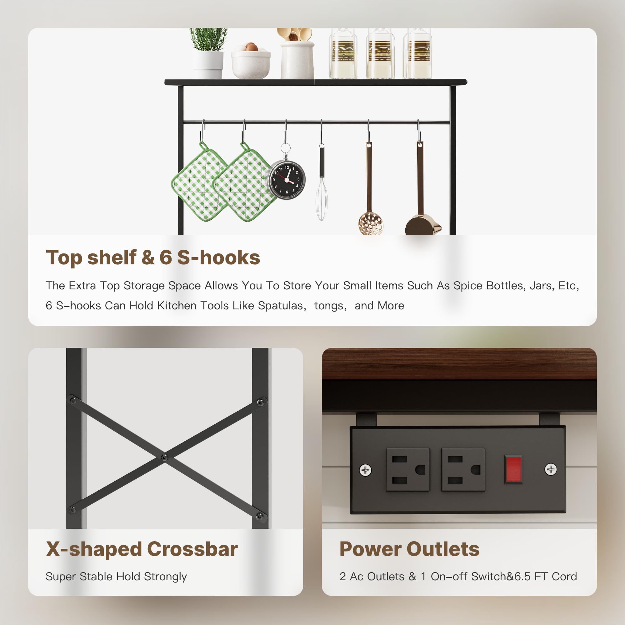 Txecpro kitchen Bakers Rack with Power Outlet, Coffee Bar Table 4 Tiers, Microwave Stand with 6 S-shaped Hooks, Kitchen Storage Shelf Rack for Spices, Pots and Pans，25.6" L x 12" W x 53.5" H