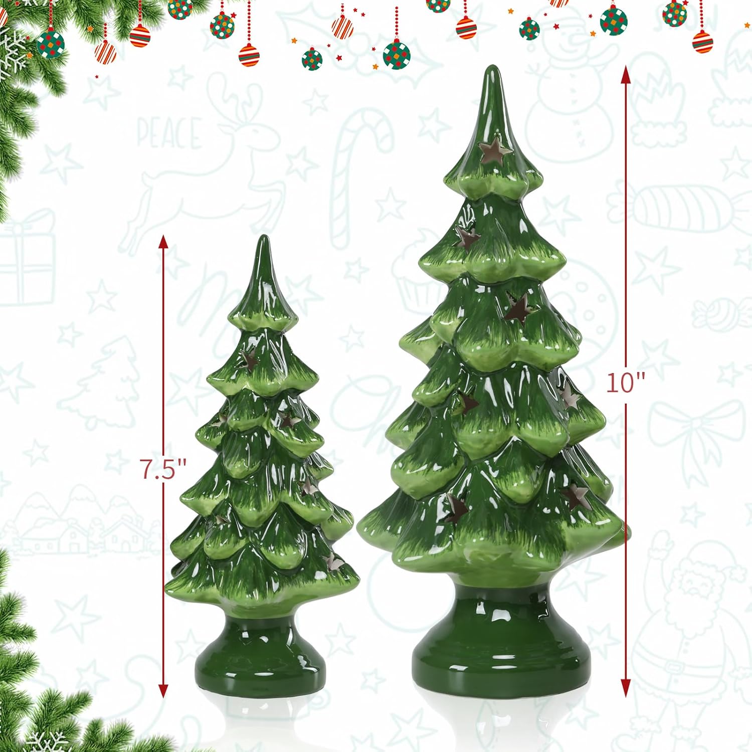 Taman Ceramic Christmas Tree | Light Up Tabletop Decoration Set of 2 - 10” & 7.5” with Warm Lights