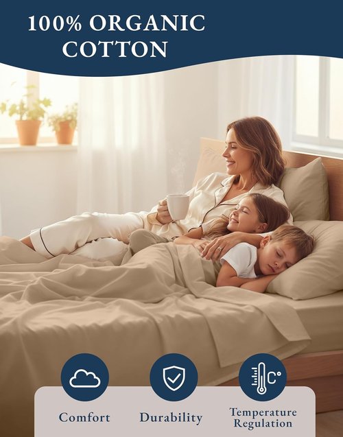 LANE LINEN 100% Organic Cotton Sheets Set - Ultra Soft GOTS Certified Bedding for King Beds | Taupe, 15-Inch Deep Pocket