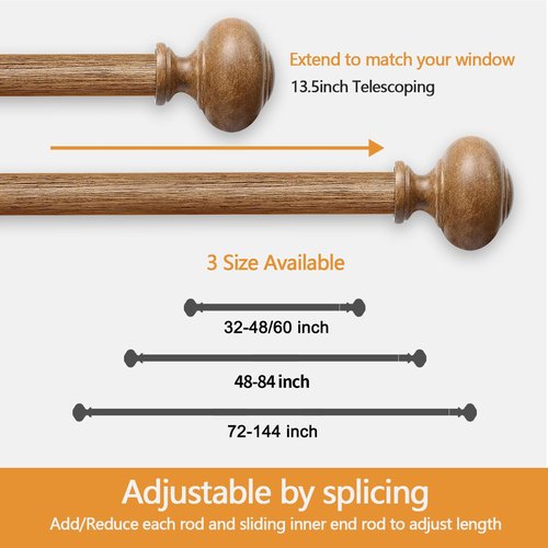 Wood Curtain Rods for Windows 48 to 84 Inch(4-7ft),1 Inch Heavy Duty Curtain Rods with Imitation Wood Grain Finials, Boho Adjustable Drapery Rod of Window Treatment