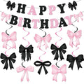 Pink and Black Bow Birthday Banner Decorations Glitter Black Pink Happy Birthday Banner Galand and 10Pcs Bow Hanging Swirls Coquette Party Decorations for Girls Women Bday Baby Shower Party Supplies